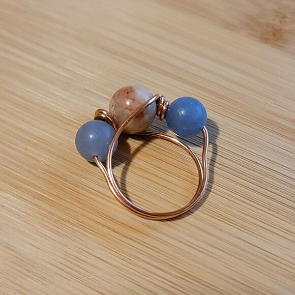 Handmade Sunstone and Blue Aventurine Copper Wire Wrapped Ring - Picture 4 of 4